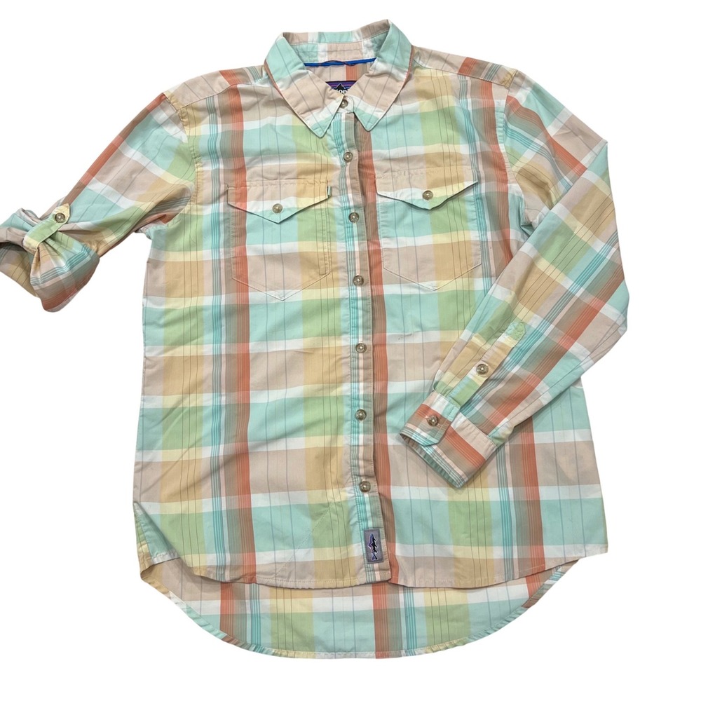 Patagonia Womens XS Plaid‎ Button Down Shirt Roll Up Sleeve Fish Logo Multicolor